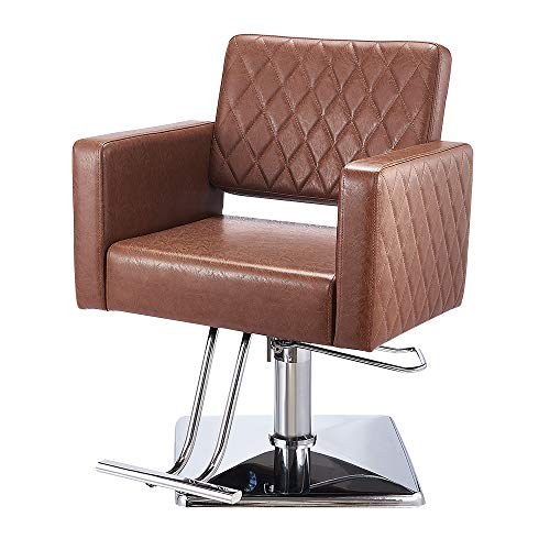 Panana Barber Chair Hydraulic Pump PU Leather Barber Salon Chair With Pedal Square Chassis For Barber Shop Salon Furniture (Brown)