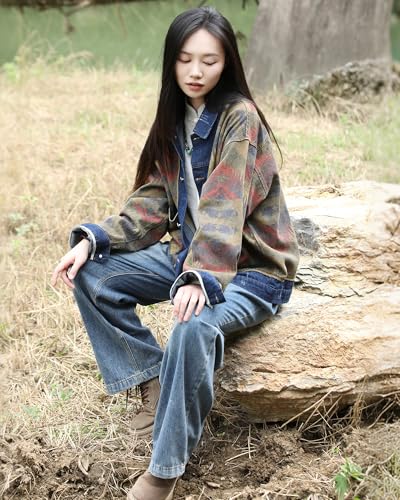 Vintage Women's Aztec Print Denim Jacket Loose Fit Long Sleeve Button Down Coat for Fall & Winter Casual Splicing4