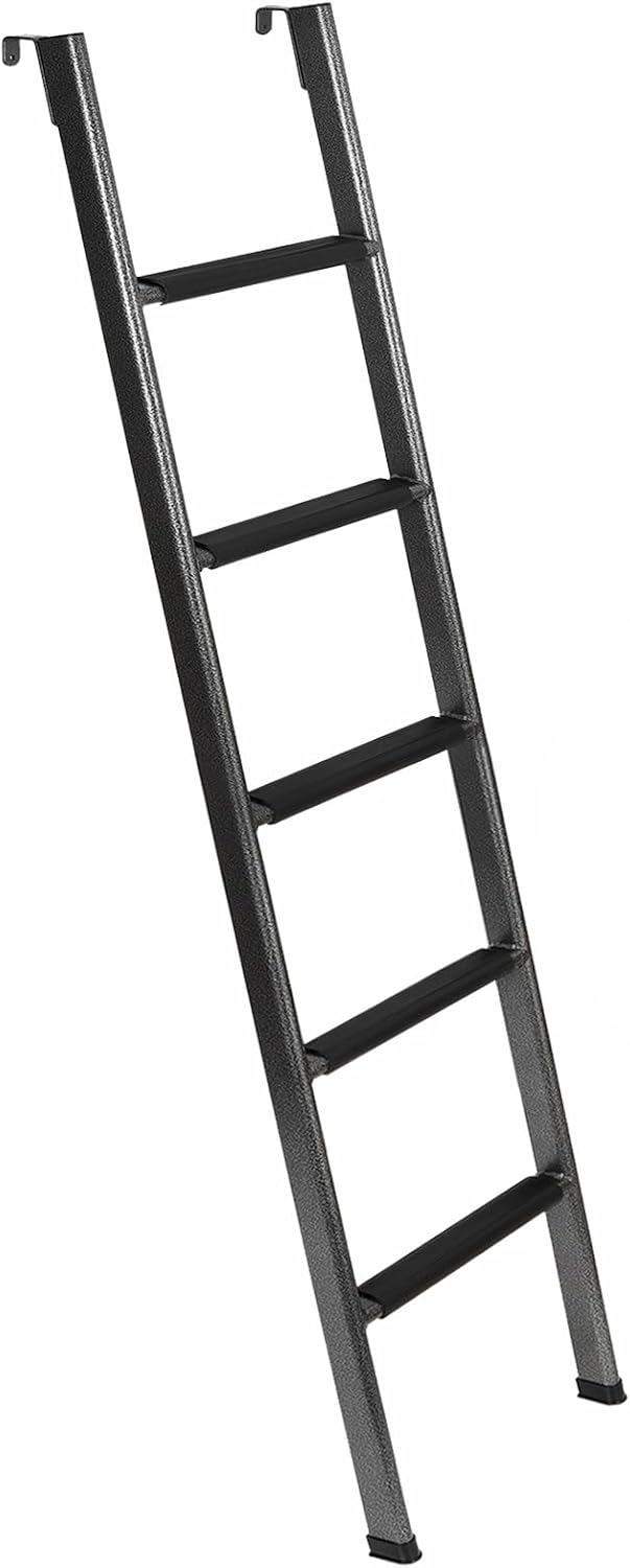 Anti-Slip RV Bunk Ladder, 57in Integrated Heavy Duty Steel Camper Bunk Bed Ladder with Rubber Foot Pads and Hooks - Black