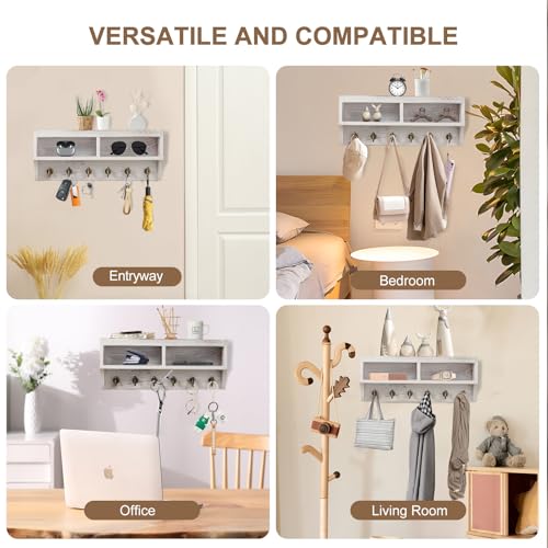 Image of Key Holder Wall Mount - Mail Organizer Wall Mount with 6 Key Hooks and Storage Box for Sunglasses Storage and Dog Leash Holder Home Decor Rack Apartment Farmhouse Shelf Entryway Organizer (White)