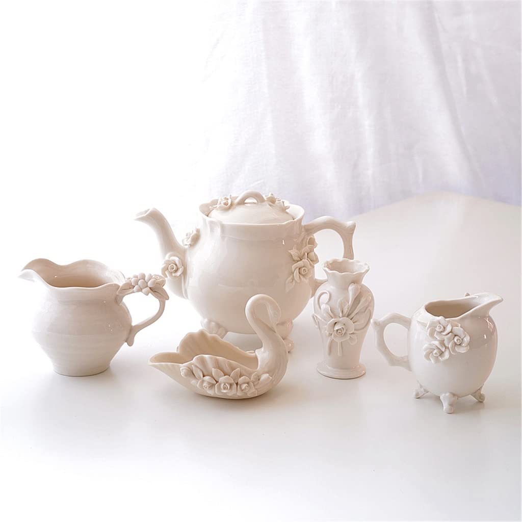 Beżowy zestaw do herbaty ozdoba kwiatowa ceramiczny czajniczek mlecznik do mleka kubek do herbaty zestaw do herbaty podwieczorek (C jak na zdjęciu)