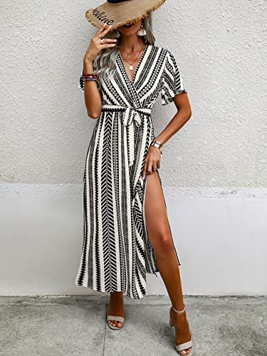Wdirara Women's V Neck Wrap Belted A Line Butterfly Sleeve Geo Print Slit Maxi Casual Dress Black And White S #TOP4