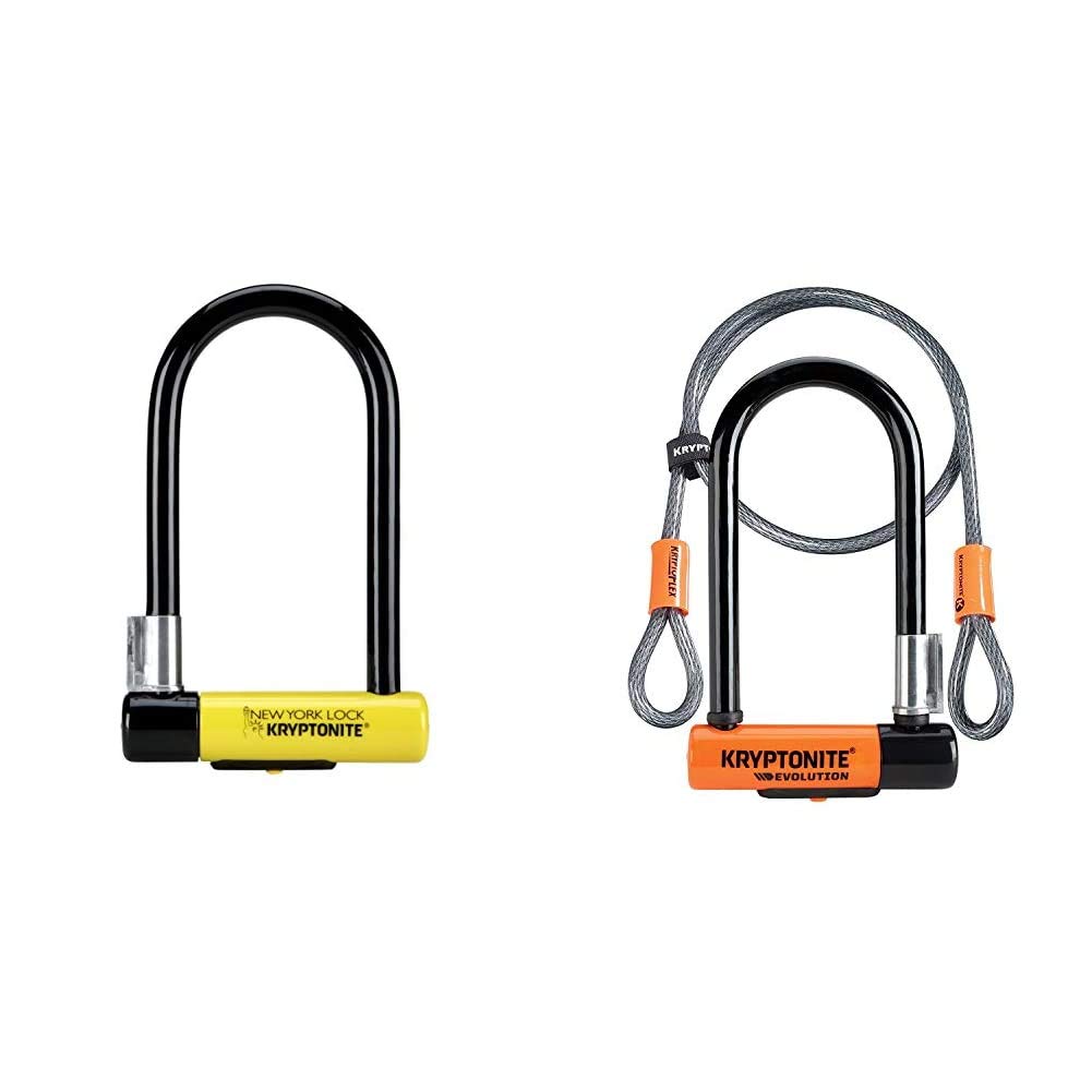 Kryptonite New York Standard Lock with Flex Frame U-Bracket - Yellow, Standard Shackle & Evolution Mini-7 Lock with Flex Cable and Bracket - Orange, 7-Inch