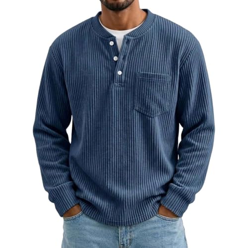Corduroy Shirt Men Henley Shirts for Men Long Sleeve Button Down Fall Clothes Ribbed Corduroy Sweatshirt Navy Large - image 2