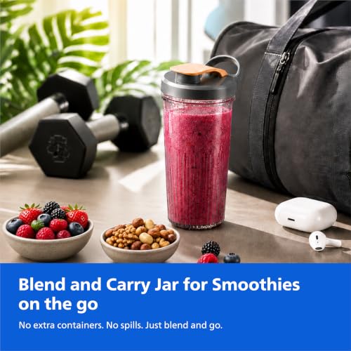 Image of Philips HR2613 /00 Mini Blender | 2 Blending Blades & 1 Frothing Blade | ProBlend Technology | 3 Unbreakable Food-Grade PC Jars | Blend & Carry | Smoothies, Protein Shakes, Cold Coffee & More (Blue)