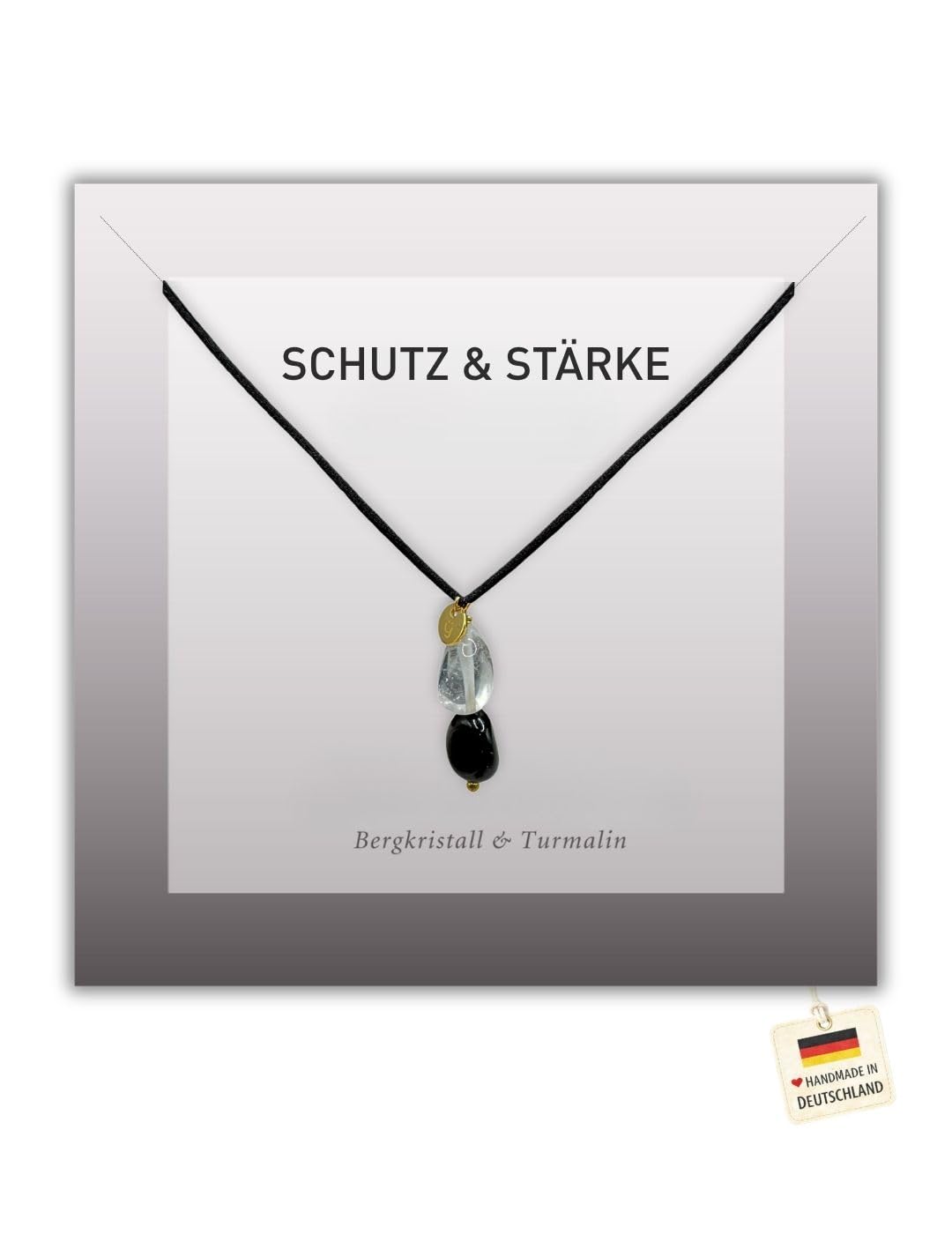 happymaker - Turmalin Kette mit Bergkristall, Heilstein Kette Damen, Stoffband mit 18k vergoldeten Perlen, größenverstellbar, handmade in Deutschland, Schutzstein