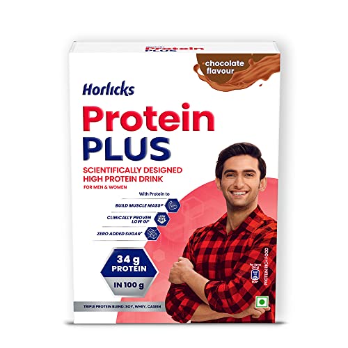 Image of Horlicks Protein Plus Chocolate High Protein Drink for Adults 400 g Jar|| Whey|| Soy & Casein Powder Blend - For Muscle Mass & Strength|| Veg
