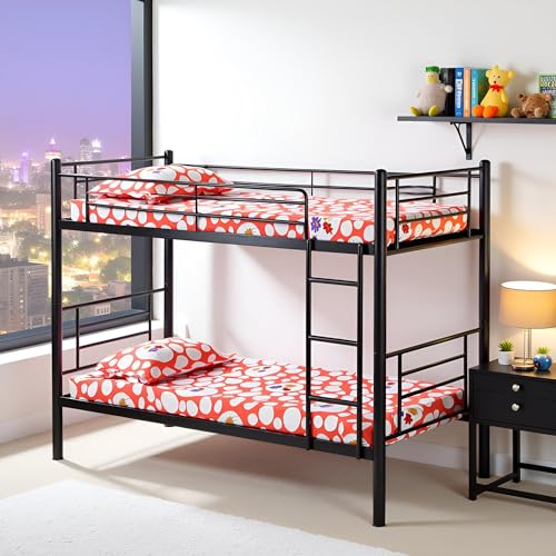 Spacecrafts® Convertible Bunker Cot 1+1 | Twin Metal Bunk Bed Frame with Ladder | Metal | Space-Saving Design | Sturdy Guardrails | Frame only | Mattress Not Included (Size: L:202, W:84, H:167 CM)