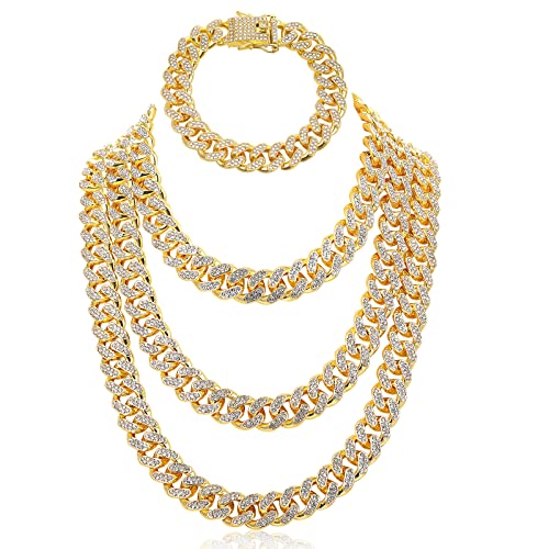 Jadive 4 Pcs Hip Hop Necklace Chain Bracelet Fake Chunky Cuban Necklace Stainless Steel Punk Jewelry for 80s 90s Rapper