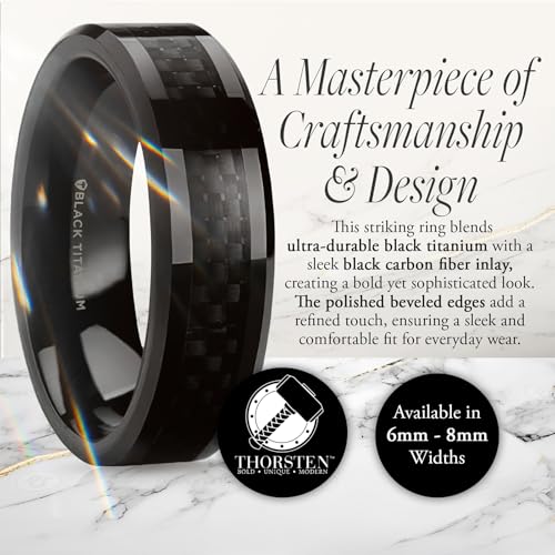 Thorsten Mens Black Titanium Carbon Fiber Ring | Inlaid, Beveled Comfort Fit | Carbon Fiber Titanium Band for Men | Durable, Sleek | OXYN | 6mm & 8mm Wide | Stylish, Available in Multiple Size2