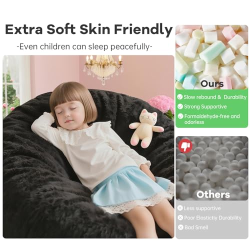 Image of Bean Bag Chair with Plush Faux Fur Cover with Removable CoverBig Bean Bag Chair for Living Room Bedroom (Black, 4FT)