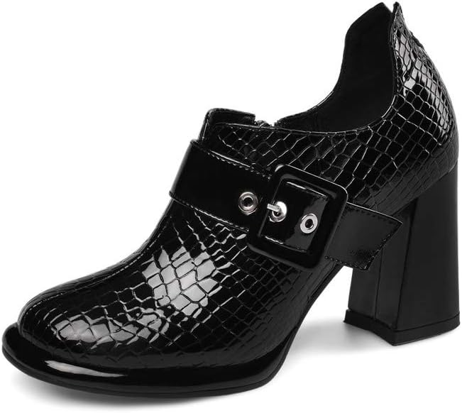 TinaCus Women's Handmade Patent Leather Round Toe Zip Up High Chunky Heel Chic Pumps Shoes with Buckle