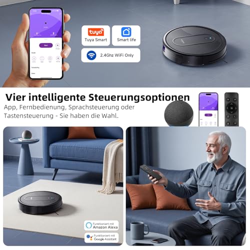 MONSGA Saugroboter mit Wischfunktion 3 in 1, Staubsauger Roboter 3000PA, Saugroboter mit 2 Bürsten, Selbstaufladend, WiFi, 140Mins, Ideal für Tierhaare, Teppich, Hartboden (Schwarz)