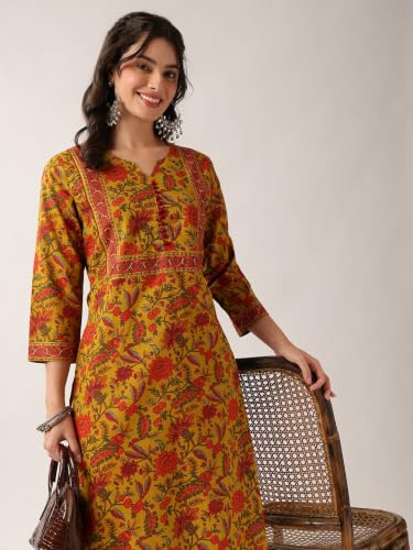 Image of Vbuyz Women Floral Print with Yoke Details Straight Cotton Stitched Kurta
