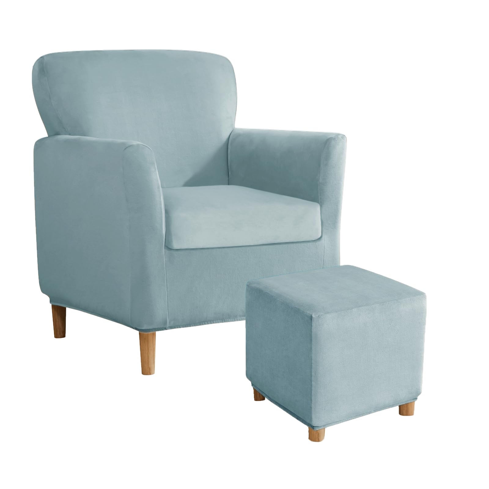UNBBRRL Armchair and Ottoman Covers Set, Matching Accent Chair and Ottoman Slipcovers Square Stretch Velvet Non-Slip for Living Room (Light Blue,