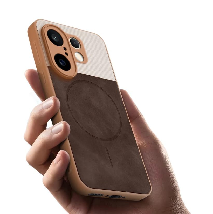 Image of Bintage CASE Mac Safe Design Hard Light Weight Back Case | Soft Border Camera Protect | Dual PU Leather Finish Back Cover Compatible for Vivo V60e 5G - White & Cherry Brown