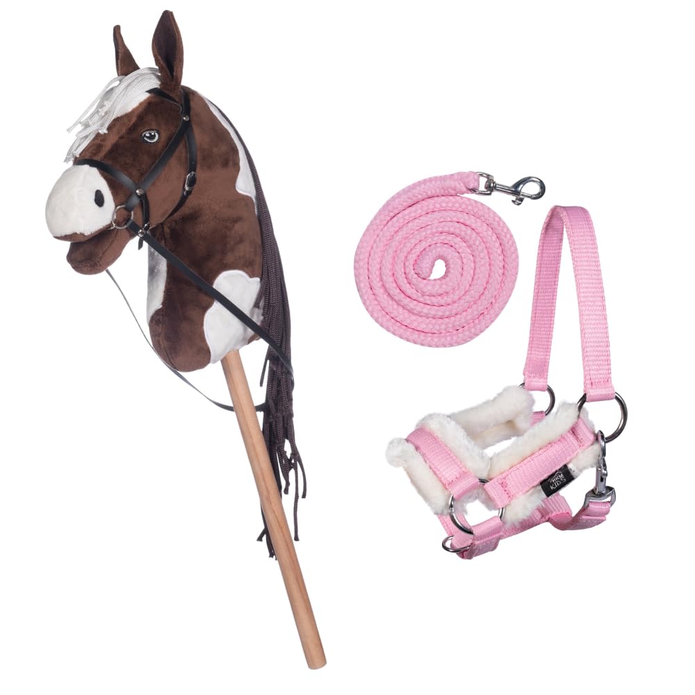 HKM Kids Hobby Horse - Giocattolo per il tempo libero, cavallo da battaglia, marrone e bianco, con cavezza e cordino in rosa, per bambini