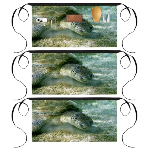 Tablier court de chef lot de 3 avec 3 poches motif tortue pour cuisine et bistrot