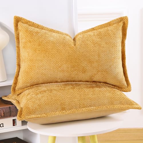 Image of MADIZZ Decorative Chenille Velvet Throw Pillow Covers Set of 2 Soft Boho Textured Neutral Couch Throw Pillow for Bed Modern Farmhouse Home Decor for Sofa Livingroom Yellow 12x20 Inch