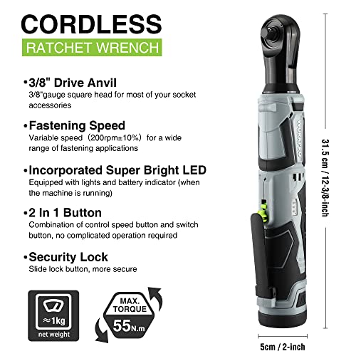 WORKPRO Elektrische ratelsleutelset, 12V accuratel, 3/8", 55 Nm, draadloze ratelschroevendraaier met 1 x 2,0 Ah accu, ledlicht, incl. 9 dopsleutels, opbergtas, oplader - Afbeelding 3