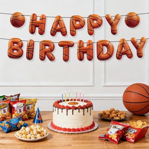 Image of Sport Birthday Banner, 3D Sport Theme Happy Birthday Banner (Basketball) | Decoration Funny Ball Themed Party Supplies Suitable for Kids Teenagers Adults