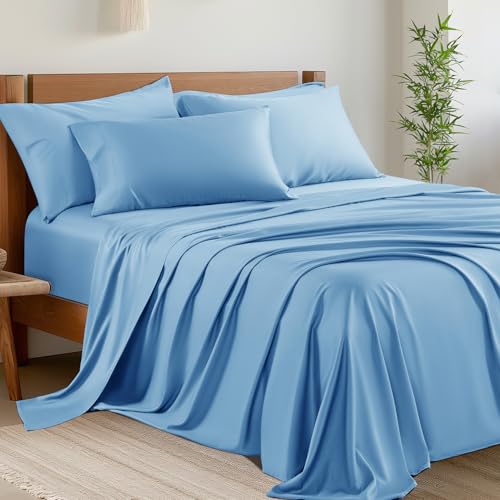 Image of Shilucheng 6 Piece California King Sheet Sets, Cooling Sheets, Blend Rayon Derived from Bamboo, Deep Pocket Up to 16 inch, Breathable & Soft Bed Sheets, Hotel Silky Bedding Set, Lake Blue