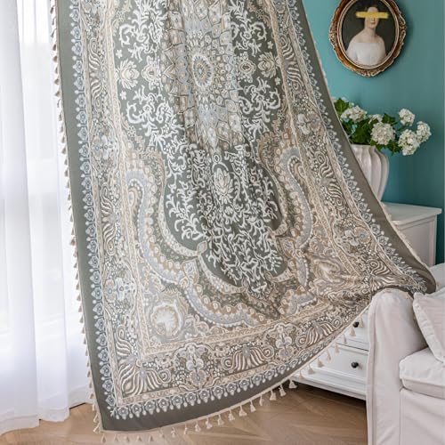Image of Sage Green Medallion Curtains 72 Inches Long, Boho Farmhouse Light Filtering Rod Pocket Drapes with Tassel Trim for Bedroom Living Room, 2 Panels