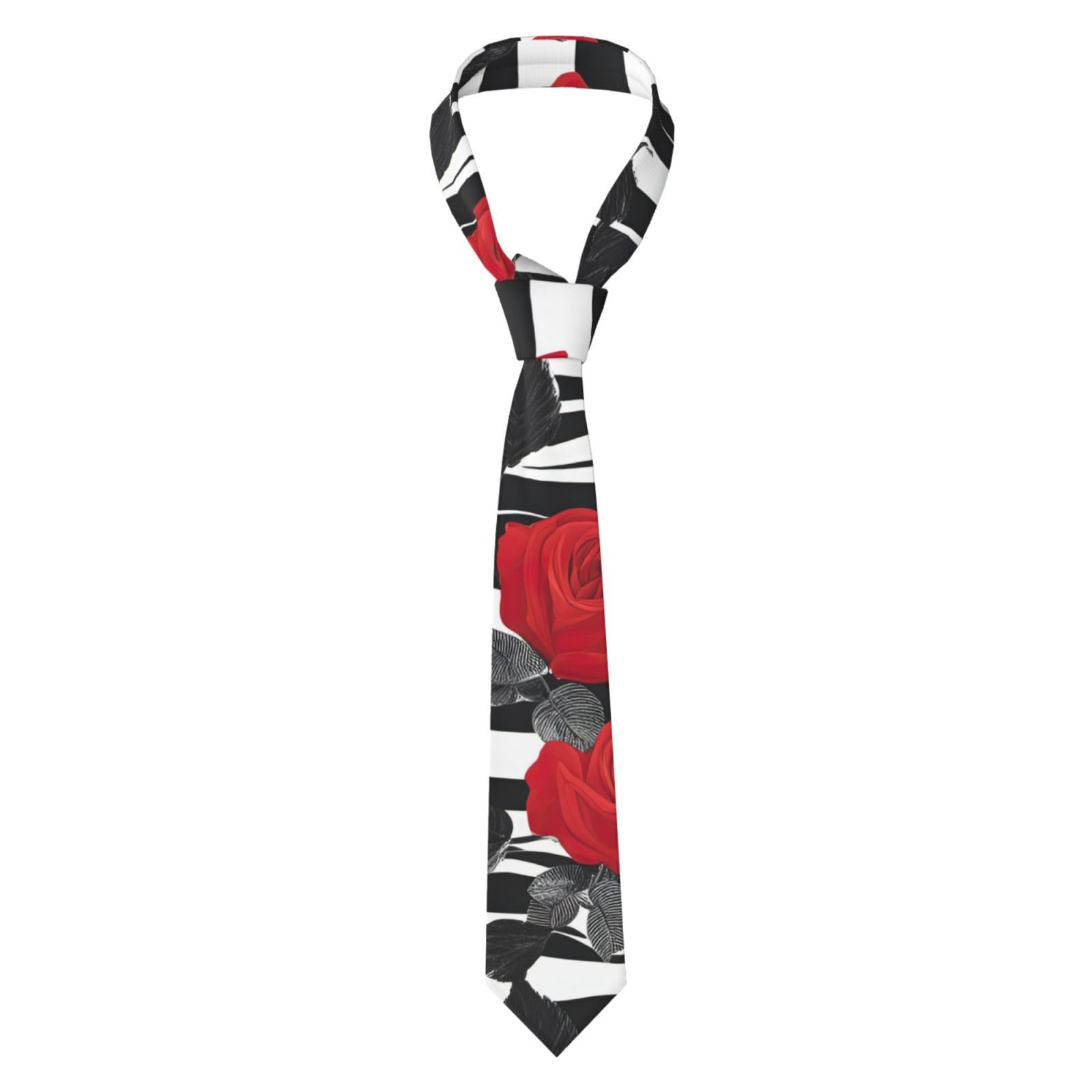 Longzehao Men's Black White Stripes Red Rose Flowers Print silk suit tie,Business Formal printed Necktie for wedding, party,work, Black, One Size, Black, One Size