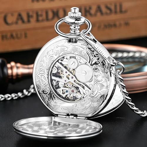 Image of Vintage Gold Double Sides Open Case Mechanical Men's Pocket Watch,Double Face Roman Dial Clock Hand Wind Pocket Watch for Men with FOB Chain