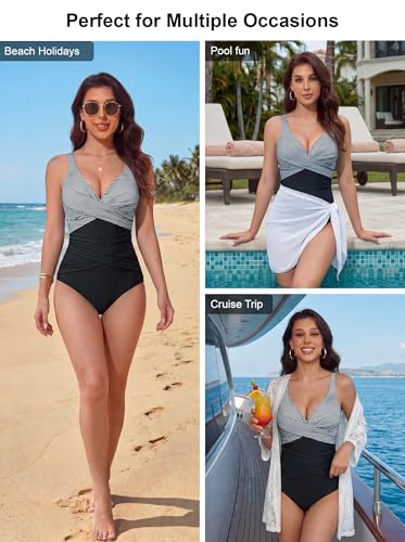 Image of Smismivo Tummy Control Swimsuits for Women Slimming One Piece Bathing Suit Retro Ruched Push Up Vintage Padded Swimwear