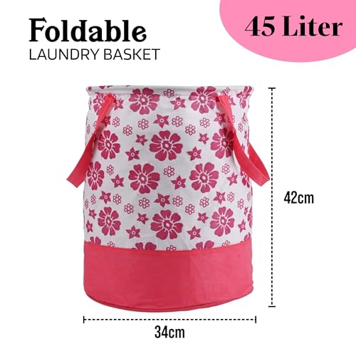 Image of Urbane Home 45L Foldable Dirty Clothes Laundry Basket With Handles For Washing - Baby Unwashed Dress Bin /Storage Box | Floral Print -Pink & White