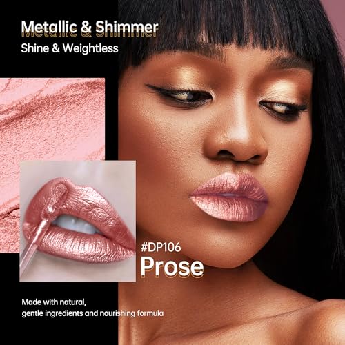 Nude Pink Lipsticks for Women Metallic Lipstick Long Lasting Non Stick Cup Lip Gloss, Shimmer Lightweight Hydrating Full Coverage Lip Color, DP106 Prose - Image 3