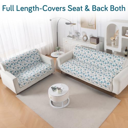 Image of HOKIPO Cerulean Bloom Quilted Sofa Cover 5 Seater with Tassels - (3+2) for Seat & Back | 'Tassel Twigs' Series (IN-991-T6 + IN-990-T6)