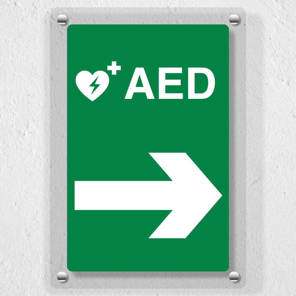 V Safety AED Arrow Right - 200 x 300 mm - Acrylic Perspex Cast Clear Safety Sign