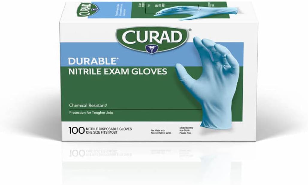 Curad Nitrile Exam Gloves, Durable, Powder Free, Chemical Resistant, One Size Fits Most, 100 Count