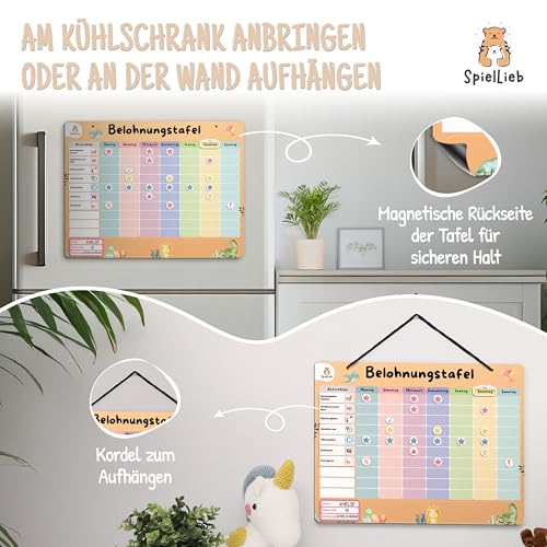 SpielLieb® Montessori Belohnungstafel Kinder magnetisch – Ideales Belohnungssystem Kinder [200 Aufgaben + Stern- & Spezialmagnete für 1-3 Spieler] - für mehr Selbstständigkeit (Dino)