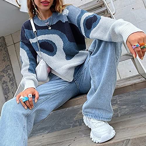 Image of MISSACTIVER Women Casual Knitted Mock Neck Sweater Print Colorblock Long Sleeve Loose Fit Pullover Knitwear