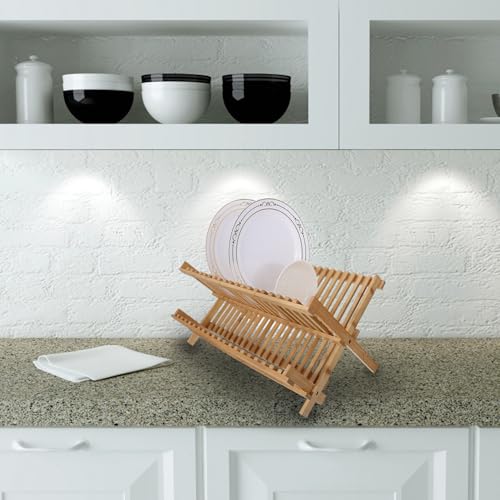 Scolapiatti pieghevole in bambù a doppio strato, salvaspazio, per cucina, robusto scolapiatti naturale per una conservazione ordinata e