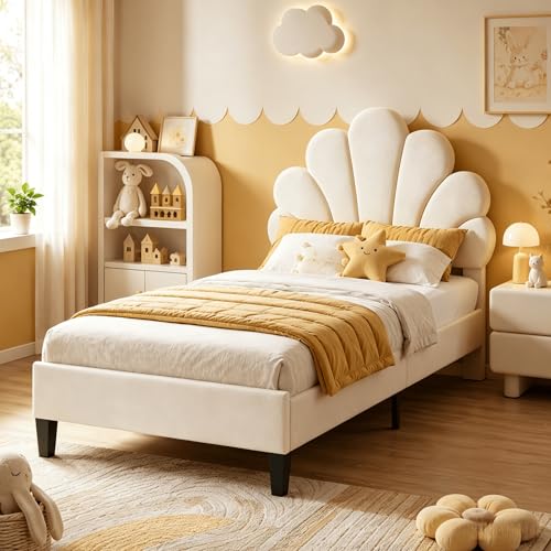 Lit Enfant 90x200 cm, Lit Simple Rembourré avec Tête de Lit en Forme de Fleur, Design Pétales en Velours Beige, Hauteur Réglable, Cadre de Lit avec Sommier...