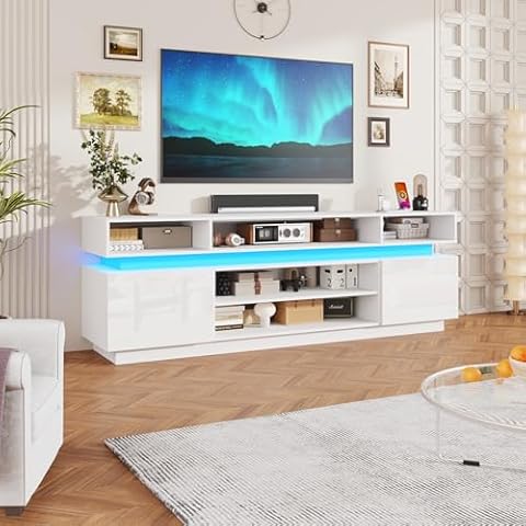 chartustriable LED TV Stand for 95 Inch TV, Modern Tall Entertainment Center with Power Outlets, High Gloss TV Stand, Gaming TV Media Console for Living Room, 83 Inch, White Cover