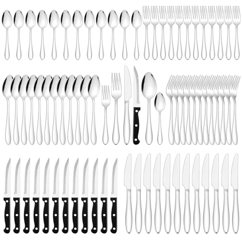 Set di posate di alta qualità per 12 persone: le posate Joyfair vengono fornite con 12 coltelli da bistecca, 12 cucchiai, 12 coltelli, 12 forchette, 12 cucchiaini, 12 forchette da insalata, perfette per pasti quotidiani, cene di famiglia e ospiti divertenti, uno strumento essenziale per famiglie e ristoranti