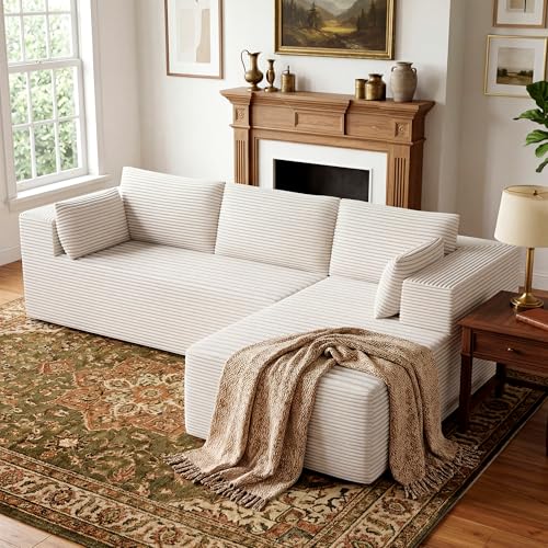 Image of 106 inch Cloud Sectional Boneless Couches for Living Room, Modular L Shaped Couch with Deep Seat Oversized Right Facing Chaise, Memory Foam Compressed Spineless 3 Seater Sofa for Apartment, Beige