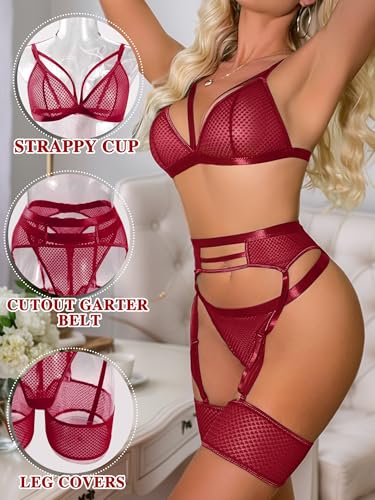 Image of popiv Women's Sexy Lingerie Set with Garter Belt Matching Bra and Panty Lingeries Sets 4 Piece