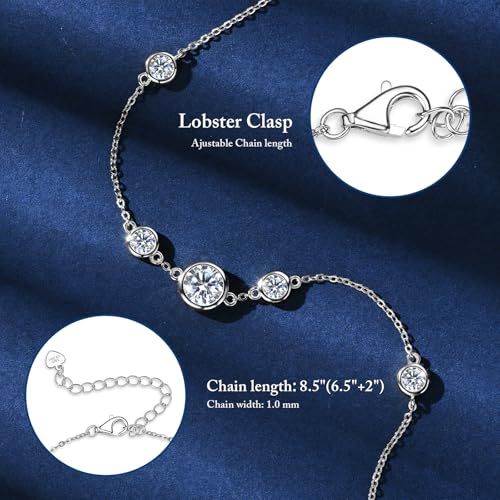 WOAINI Adjustable Sterling Silver Bracelet with 4 or 5 Moissanite Pendants Bezel-Setting, Moissanite bracelets Diamond-Alternative Gift for Women, 6.5"+2", Gold-Plated3