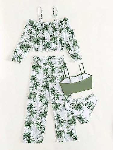 WDIRARA Girl's 4 Piece Swimsuit Tropical Print Bikini Swimsuit with Cold Shoulder Cover Up Set2