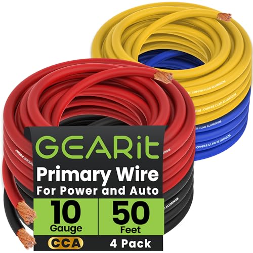 GEARit 10 Gauge Primary Wire CCA, 10 AWG Copper Clad Aluminum Power & Ground Battery Cable, 50 ft Each Black/Red/Blue/Yellow 4-Color Set (200 ft Total) for Automotive, Car Audio, Trailer