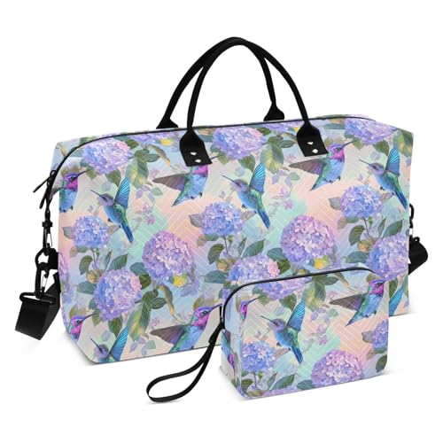 Large Travel Duffel Bag Sports Tote Gym Bag Overnight Weekender Bags Hummingbird Hydrangea Carry On Luggage with Toiletry Bags