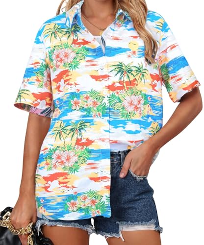 Image of ASTANFY Hawaiian Shirt Women Hawaii T-Shirt Tropical Floral Printed V Neck Shirts Soft Cool Summer Beach Button Up Blouse
