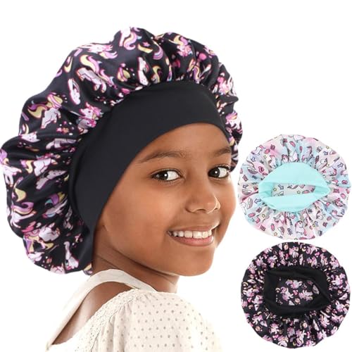 JYNXOR 2 Pcs Gorro De Saten para Dormir Pelo Rizado para Niños, Gorro Saten Pelo Rizado, Seda Pelos Dormir Ajustable, Suave Gorros con Banda Elástica Ancha, Gorra Niña De Unicornio para Niñas, Niños