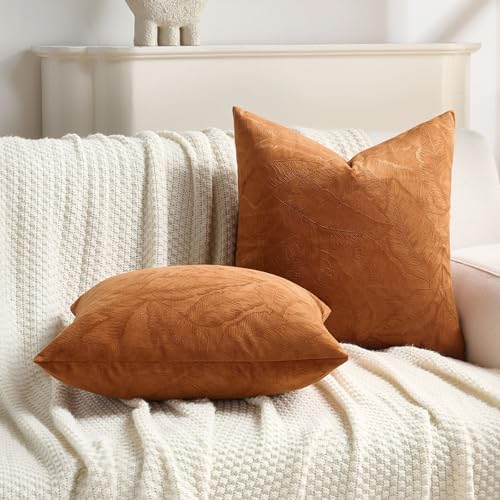 Image of FUTEI Pack of 2 Velvet Throw Pillow Covers 12x20 Inch Soft Embossed Leaf-Relief Textured Decorative Lumbar Pillowcases Modern Natural Farmhouse Accent for Couch Bed Living Room, Rust